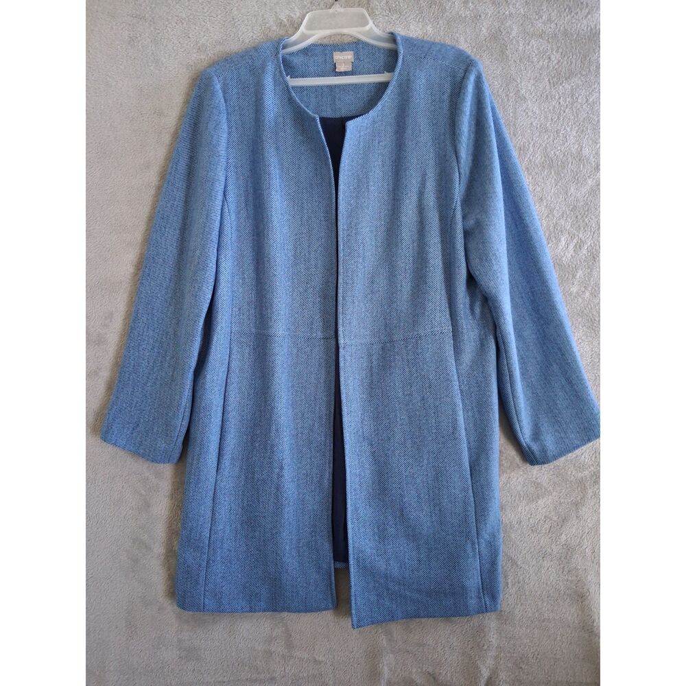Chicos Sz 3 / 16 Topper Jacket Blue Elongated Open Front Office Casual‎ Satement